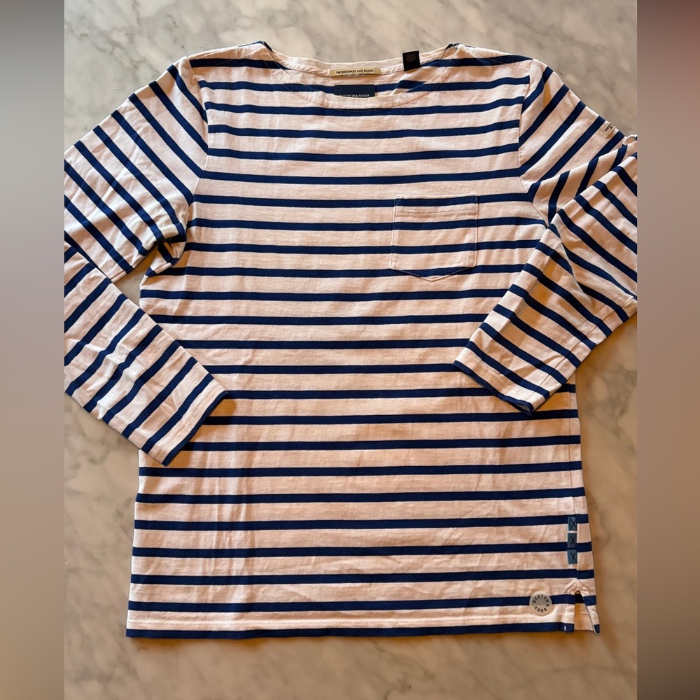 Scotch & Soda Men’s Striped Long Sleeve T-Shirt – Size M – Navy & White